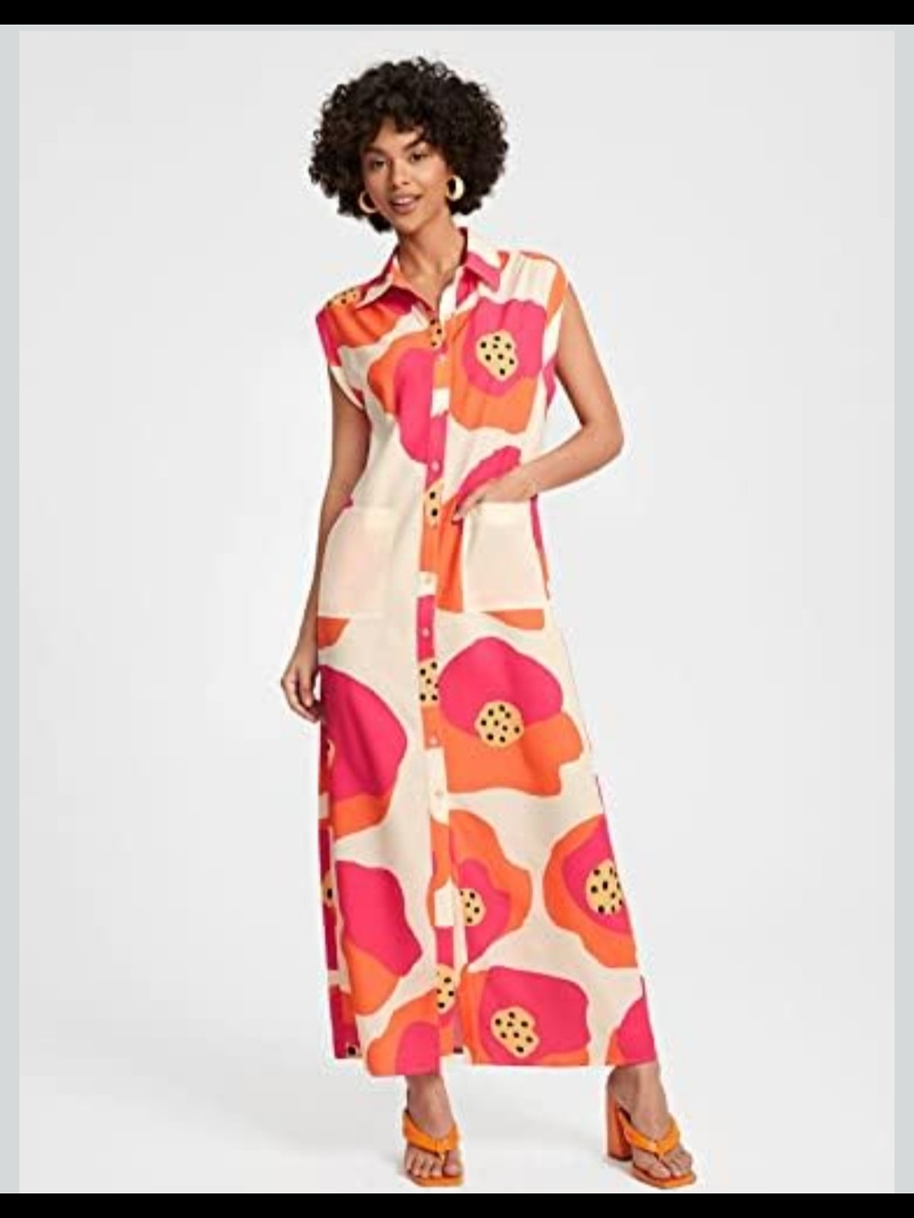 Shein Women's Sleeveless Button-Front Floral Maxi Dress in Bright Pink & Orange
